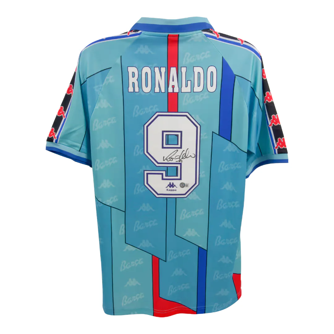 Framed Ronaldo Nazario Signed FC Barcelona Away Soccer Jersey #9 with Beckett COA - Image 3