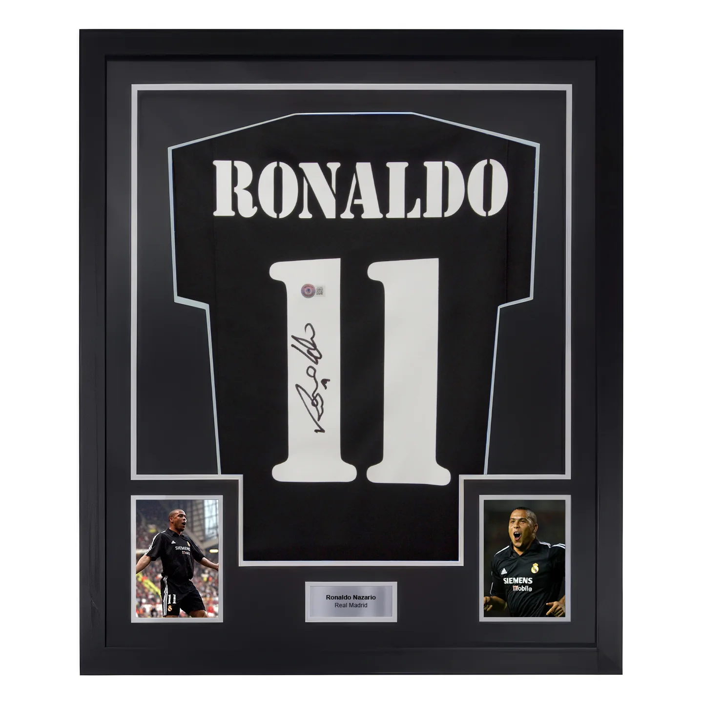 Framed Ronaldo Nazario Signed Real Madrid Away Soccer Jersey #11 with Beckett COA