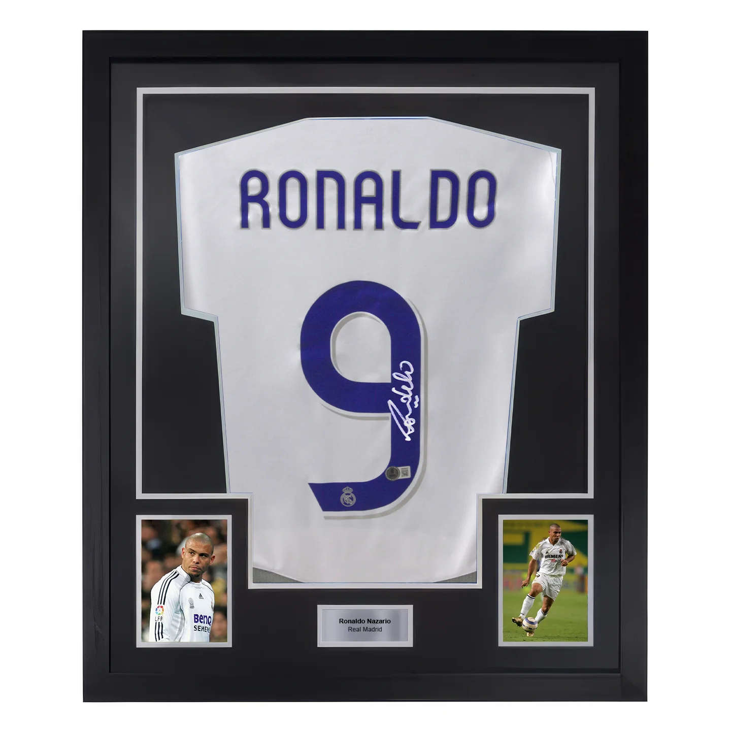 Framed Ronaldo Nazario Signed Real Madrid Home Soccer Jersey #9 with Beckett Witness