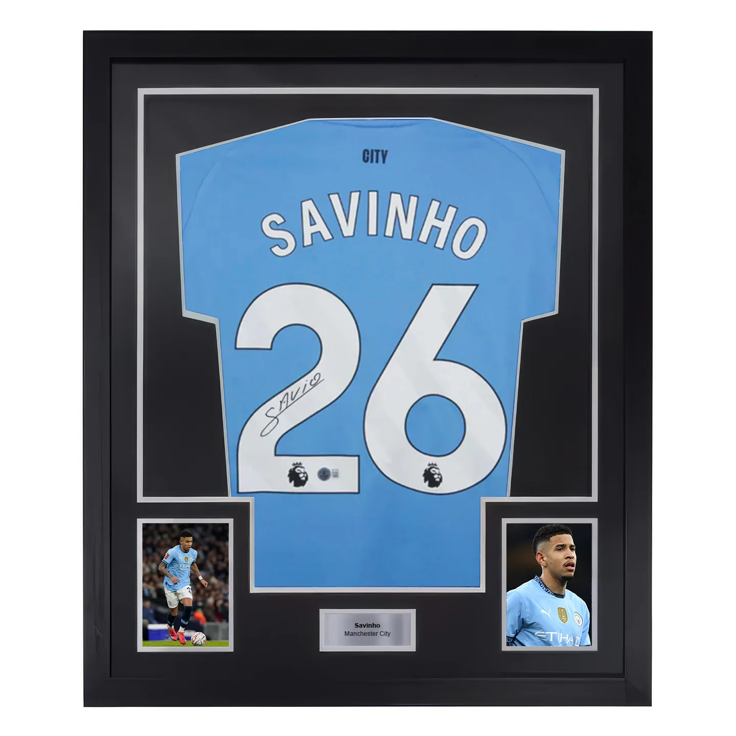 Framed Savinho Signed Manchester City Home Soccer Jersey #26 with Beckett COA