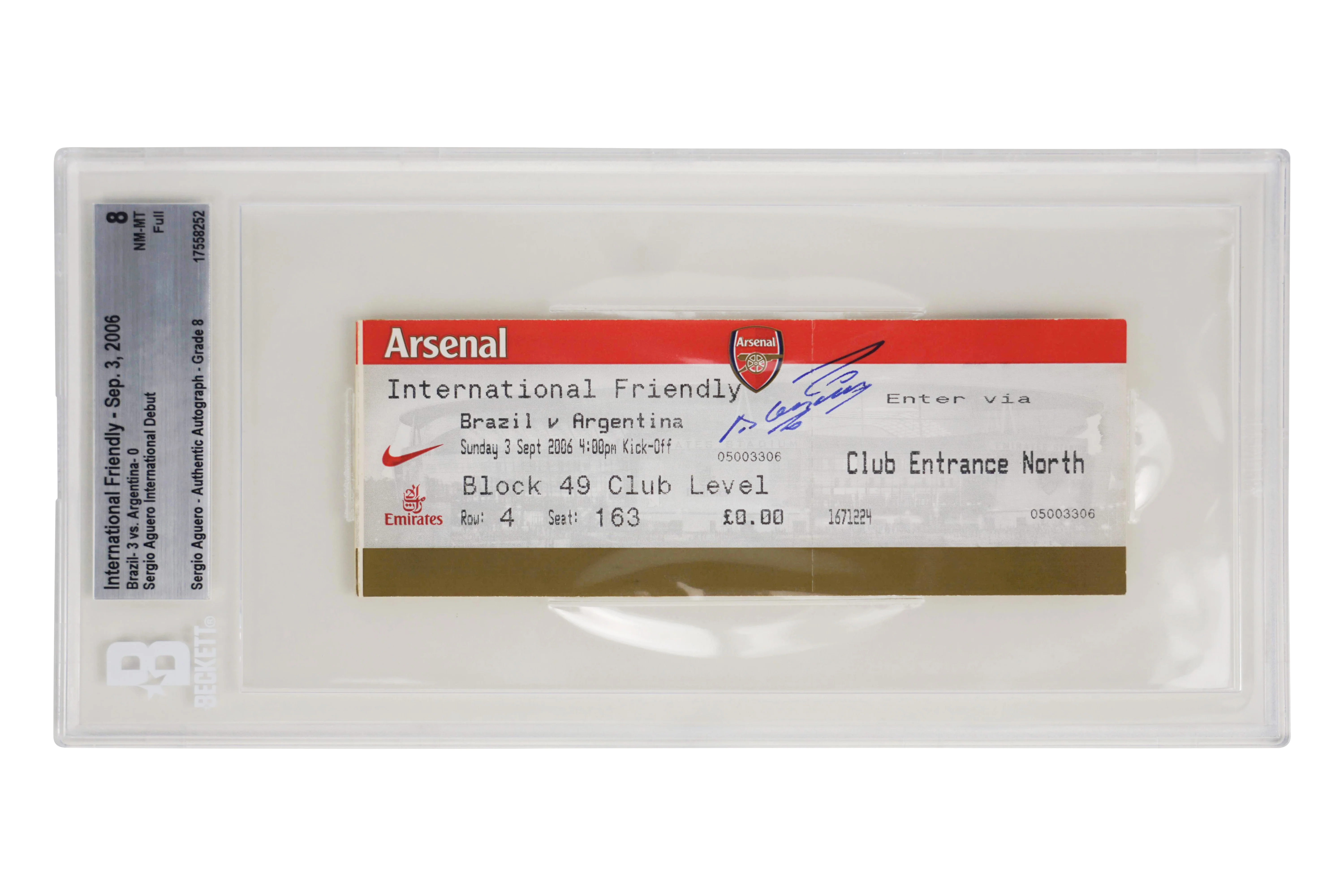 Sergio Aguero Signed 2006 Argentina Pro Debut Match Ticket – BGS 8