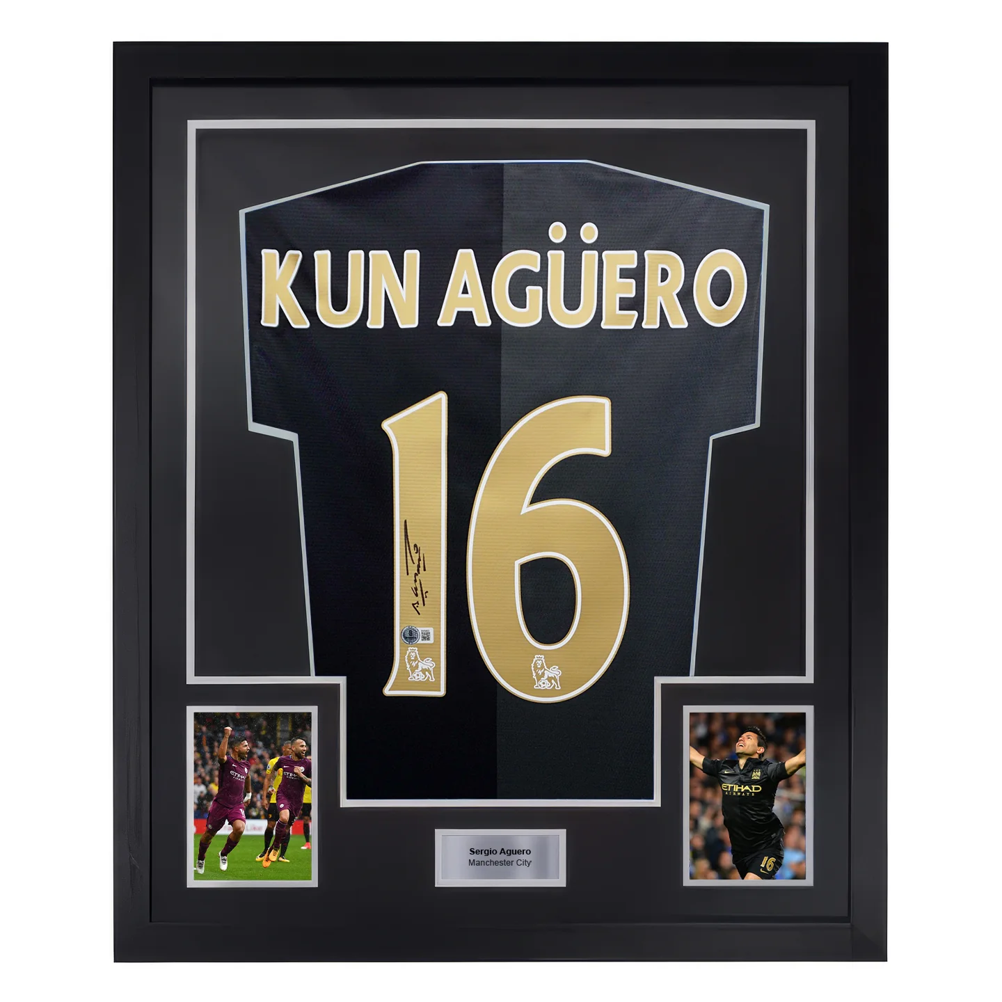 Framed Sergio Aguero Signed Manchester City Away Soccer Jersey #16 with Beckett COA