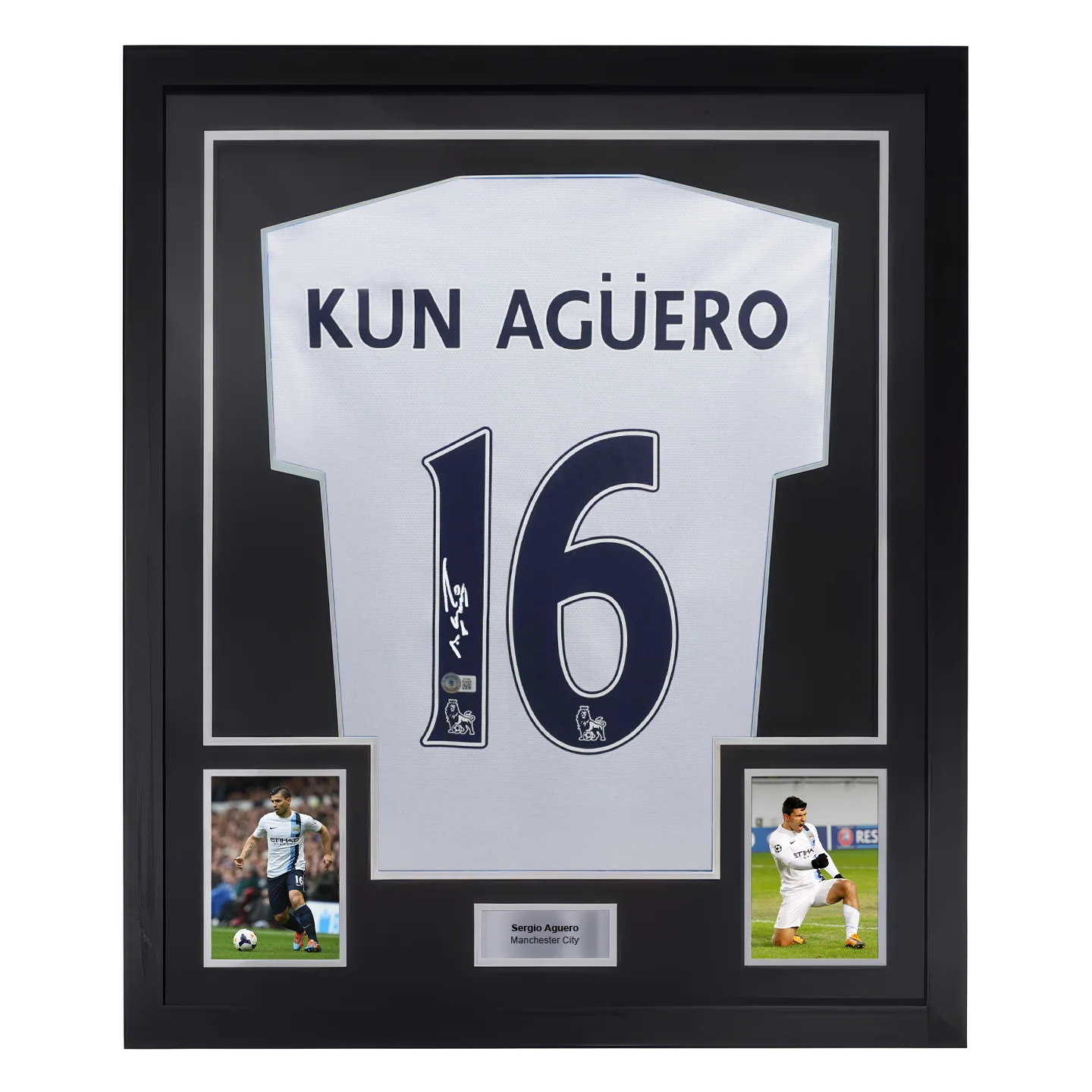Framed Sergio Aguero Signed Manchester City Away Soccer Jersey #16 with Beckett COA