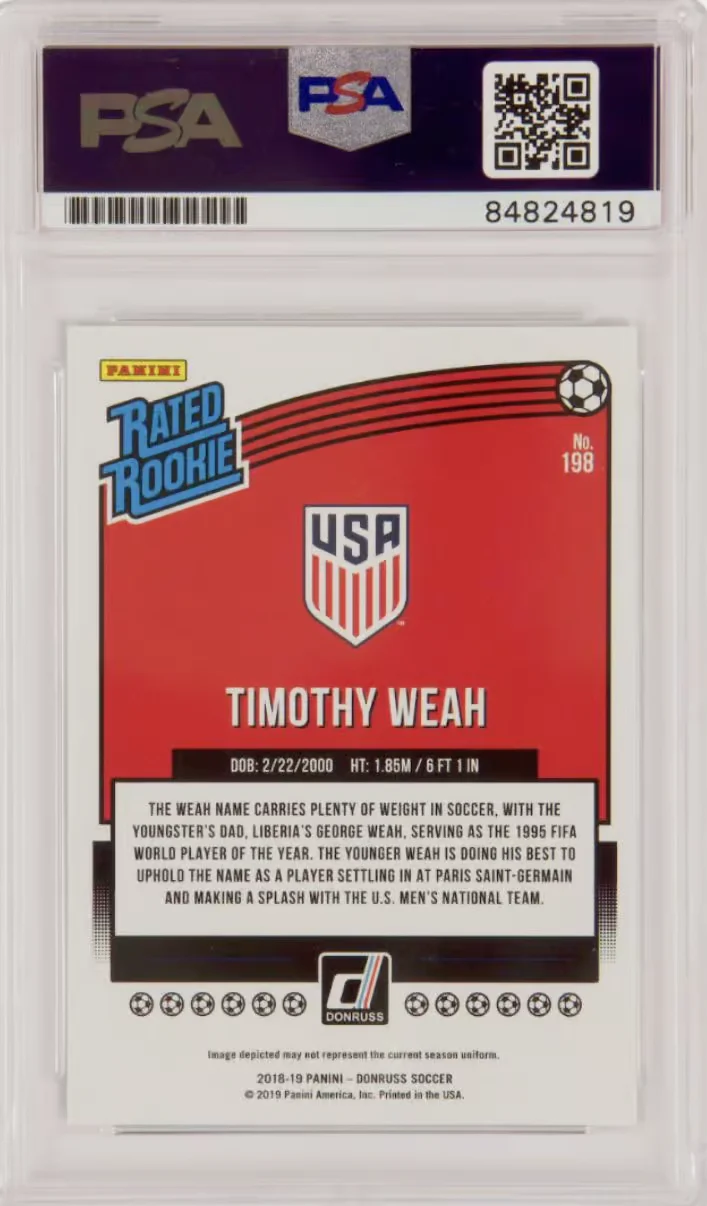 Timothy Weah Signed 2018-19 Panini Donruss Rated Rookie #198 – PSA 10 Autograph - Image 2