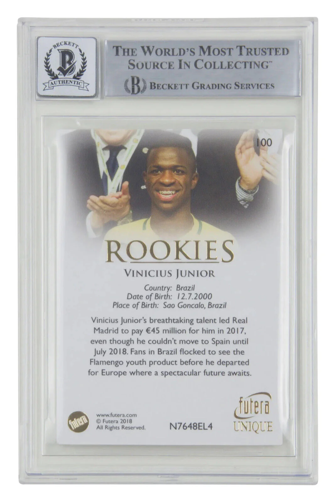 Vinicius Jr Signed 2018 Futera Unique World #100 Rookies Card – BGS 10 - Image 2