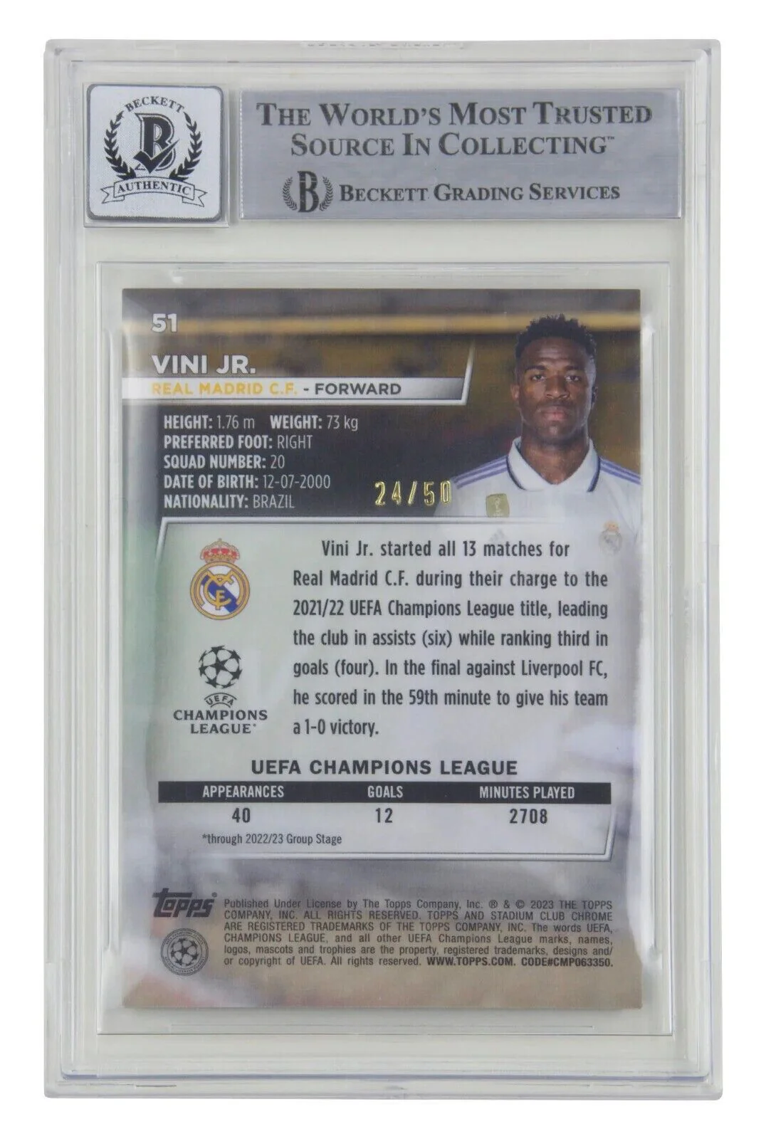 Vinicius Jr Signed 2022-23 Topps Stadium Club Chrome Gold /50 – BGS 10 Autograph - Image 2