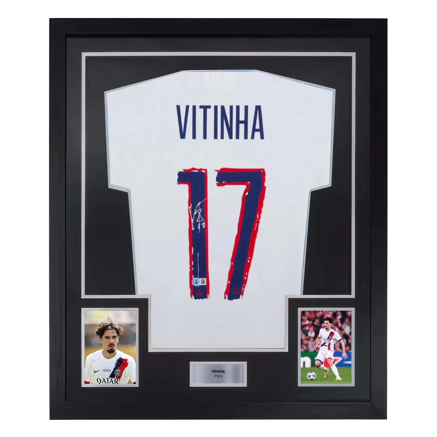 Framed Vitinha Signed PSG Away Soccer Jersey #17 with Beckett Witness